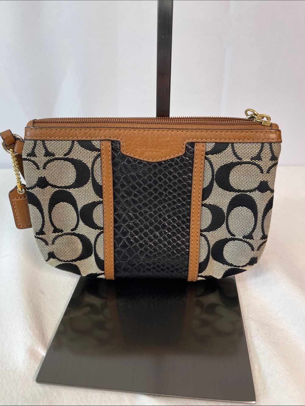 Coach F51724 Signature Snakeskin Wristlet Black Tan Leather